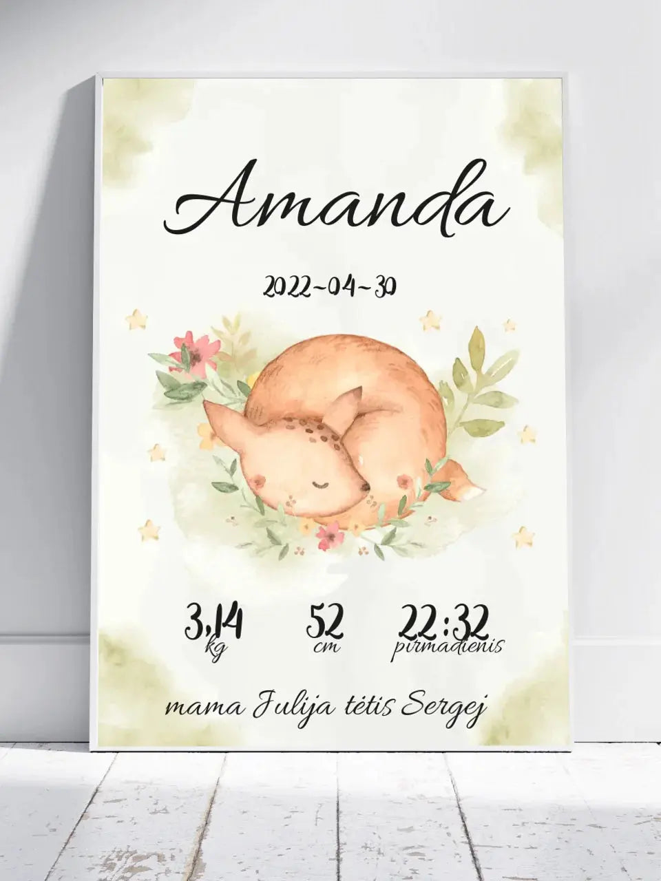Personalizuota Mergaitės Gimimo Metrikų Iliustracija, plakatas su rėmeliu  Posteris(Plakatas) -  dovanokis.lt