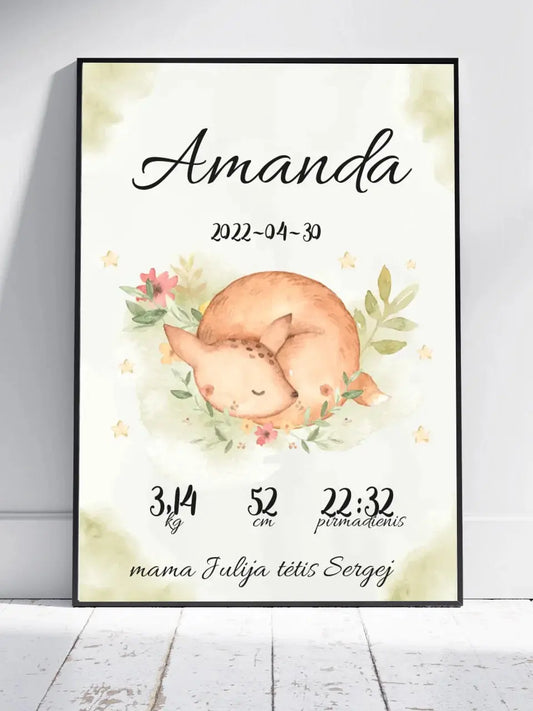 Personalizuota Mergaitės Gimimo Metrikų Iliustracija, plakatas su rėmeliu  Posteris(Plakatas) -  dovanokis.lt