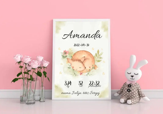 Personalizuota Mergaitės Gimimo Metrikų Iliustracija, plakatas su rėmeliu  Posteris(Plakatas) -  dovanokis.lt