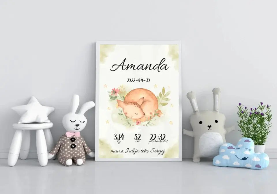Personalizuota Mergaitės Gimimo Metrikų Iliustracija, plakatas su rėmeliu  Posteris(Plakatas) -  dovanokis.lt