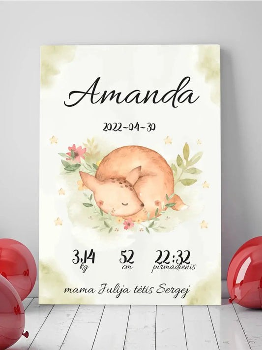 Personalizuota Mergaitės Gimimo Metrikų Iliustracija ant drobės  Drobe -  dovanokis.lt