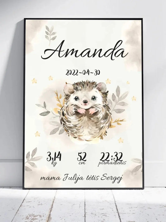 Personalizuota Mergaitės Gimimo Metrikų Iliustracija, plakatas su rėmeliu  Posteris(Plakatas) -  dovanokis.lt