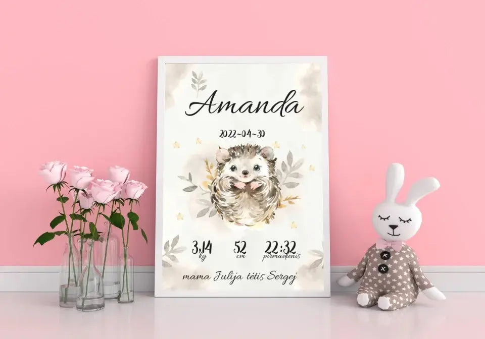 Personalizuota Mergaitės Gimimo Metrikų Iliustracija, plakatas su rėmeliu  Posteris(Plakatas) -  dovanokis.lt