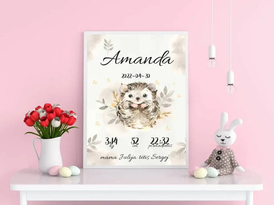 Personalizuota Mergaitės Gimimo Metrikų Iliustracija, plakatas su rėmeliu  Posteris(Plakatas) -  dovanokis.lt