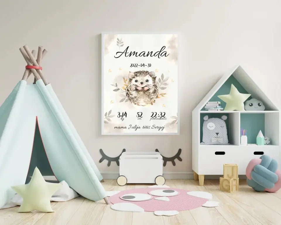 Personalizuota Mergaitės Gimimo Metrikų Iliustracija, plakatas su rėmeliu  Posteris(Plakatas) -  dovanokis.lt