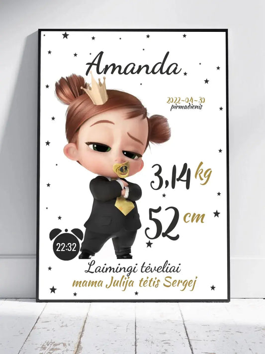 Personalizuota Mergaitės Gimimo Metrikų Iliustracija, plakatas su rėmeliu  Customizer -  dovanokis.lt