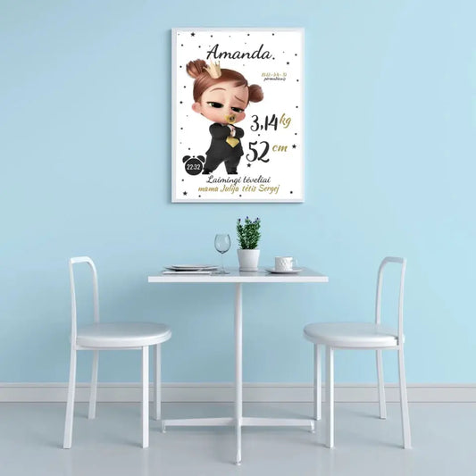 Personalizuota Mergaitės Gimimo Metrikų Iliustracija, plakatas su rėmeliu  Customizer -  dovanokis.lt