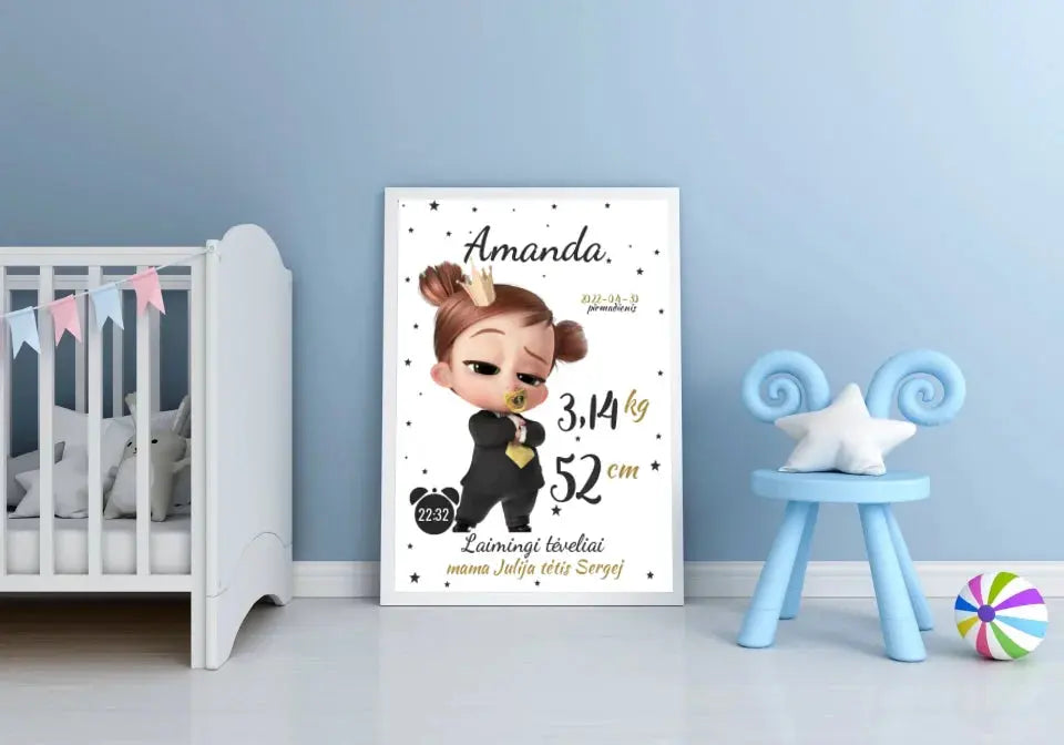 Personalizuota Mergaitės Gimimo Metrikų Iliustracija, plakatas su rėmeliu  Customizer -  dovanokis.lt