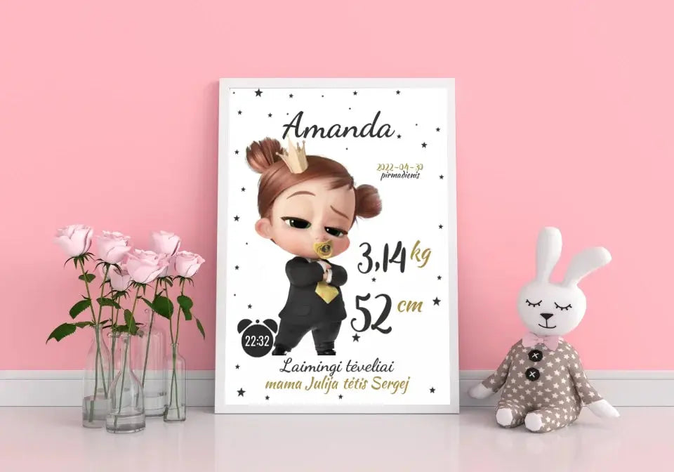 Personalizuota Mergaitės Gimimo Metrikų Iliustracija, plakatas su rėmeliu  Customizer -  dovanokis.lt