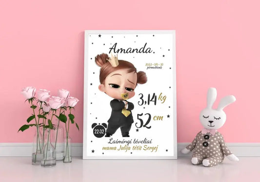 Personalizuota Mergaitės Gimimo Metrikų Iliustracija, plakatas su rėmeliu  Customizer -  dovanokis.lt