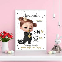 Personalizuota Mergaitės Gimimo Metrikų Iliustracija, plakatas su rėmeliu  Customizer -  dovanokis.lt