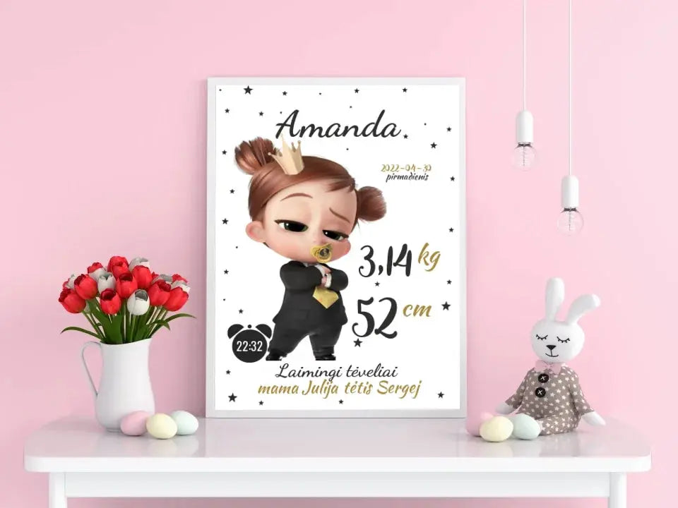 Personalizuota Mergaitės Gimimo Metrikų Iliustracija, plakatas su rėmeliu  Customizer -  dovanokis.lt