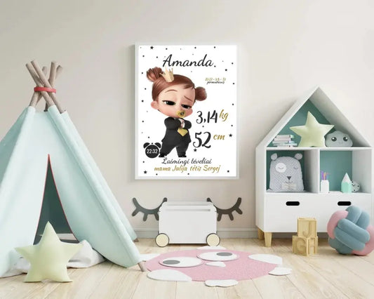 Personalizuota Mergaitės Gimimo Metrikų Iliustracija, plakatas su rėmeliu  Customizer -  dovanokis.lt