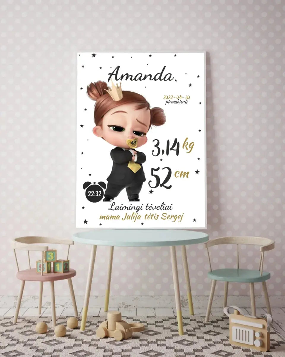 Personalizuota Mergaitės Gimimo Metrikų Iliustracija, plakatas su rėmeliu  Customizer -  dovanokis.lt