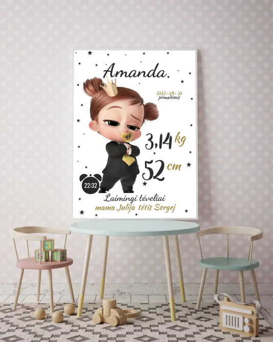Personalizuota Mergaitės Gimimo Metrikų Iliustracija, plakatas su rėmeliu  Customizer -  dovanokis.lt
