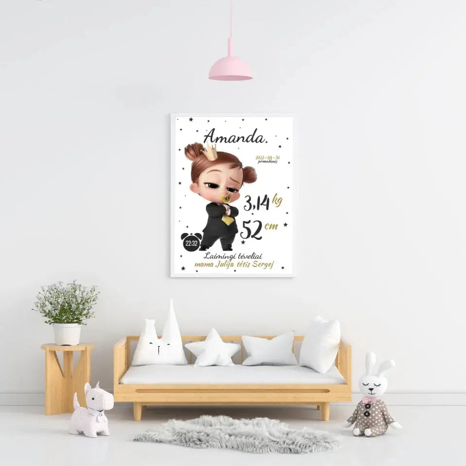 Personalizuota Mergaitės Gimimo Metrikų Iliustracija, plakatas su rėmeliu  Customizer -  dovanokis.lt