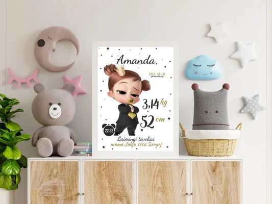 Personalizuota Mergaitės Gimimo Metrikų Iliustracija, plakatas su rėmeliu  Customizer -  dovanokis.lt