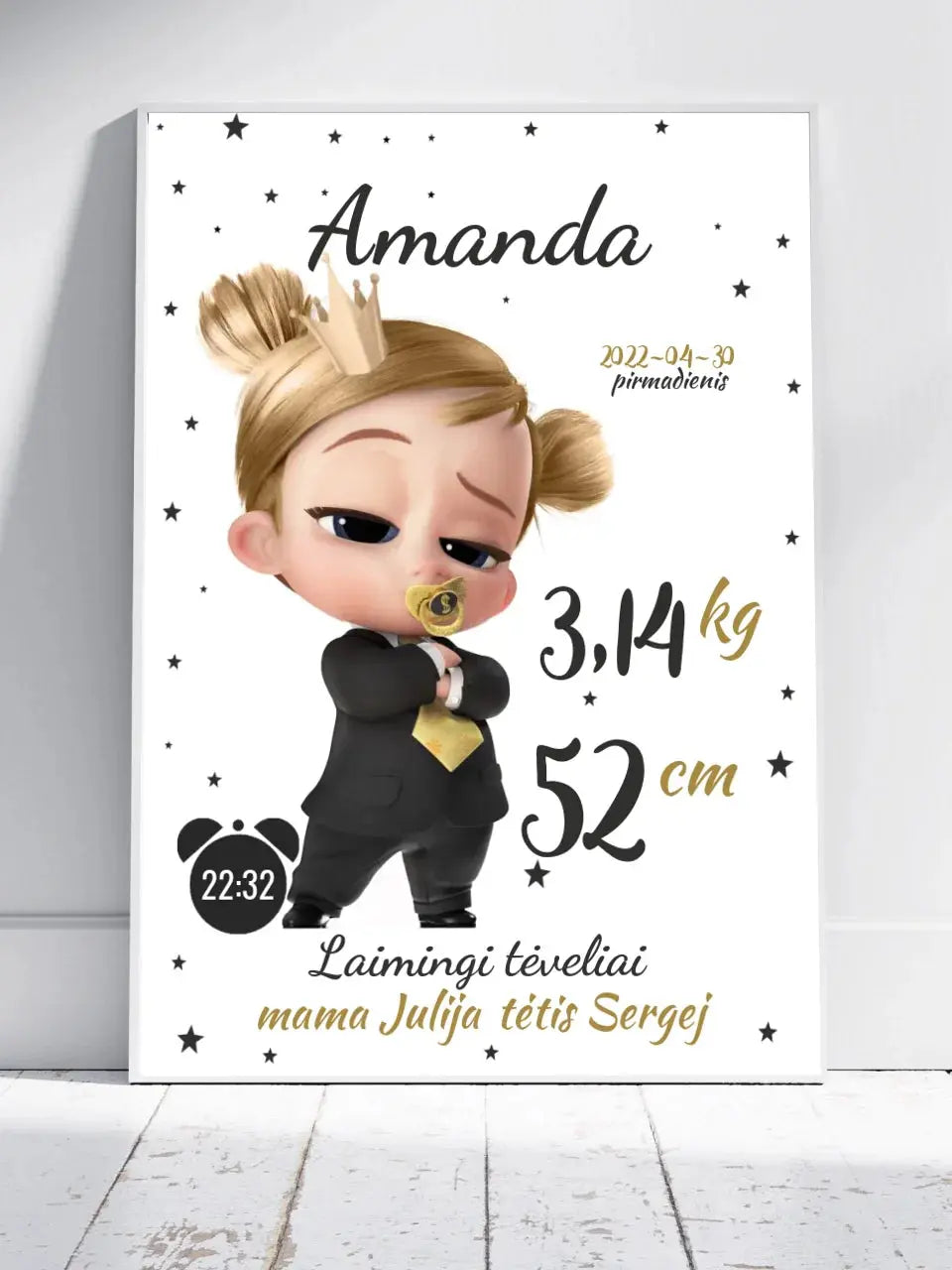 Personalizuota Mergaitės Gimimo Metrikų Iliustracija, plakatas su rėmeliu  Customizer -  dovanokis.lt