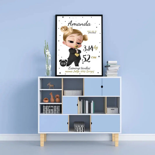 Personalizuota Mergaitės Gimimo Metrikų Iliustracija, plakatas su rėmeliu  Customizer -  dovanokis.lt