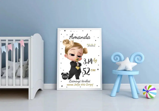 Personalizuota Mergaitės Gimimo Metrikų Iliustracija, plakatas su rėmeliu  Customizer -  dovanokis.lt