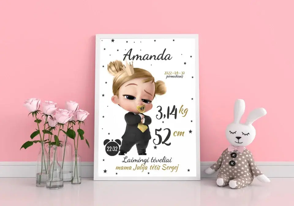 Personalizuota Mergaitės Gimimo Metrikų Iliustracija, plakatas su rėmeliu  Customizer -  dovanokis.lt