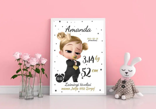 Personalizuota Mergaitės Gimimo Metrikų Iliustracija, plakatas su rėmeliu  Customizer -  dovanokis.lt