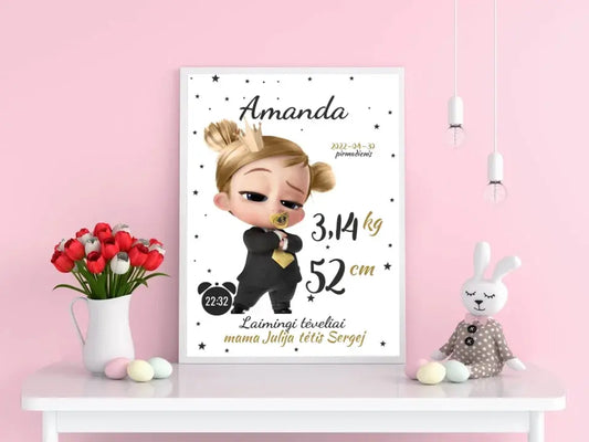 Personalizuota Mergaitės Gimimo Metrikų Iliustracija, plakatas su rėmeliu  Customizer -  dovanokis.lt