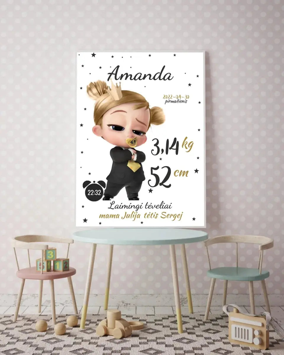 Personalizuota Mergaitės Gimimo Metrikų Iliustracija, plakatas su rėmeliu  Customizer -  dovanokis.lt
