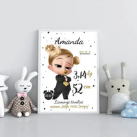 Personalizuota Mergaitės Gimimo Metrikų Iliustracija, plakatas su rėmeliu  Customizer -  dovanokis.lt