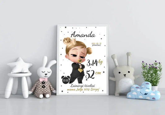 Personalizuota Mergaitės Gimimo Metrikų Iliustracija, plakatas su rėmeliu  Customizer -  dovanokis.lt