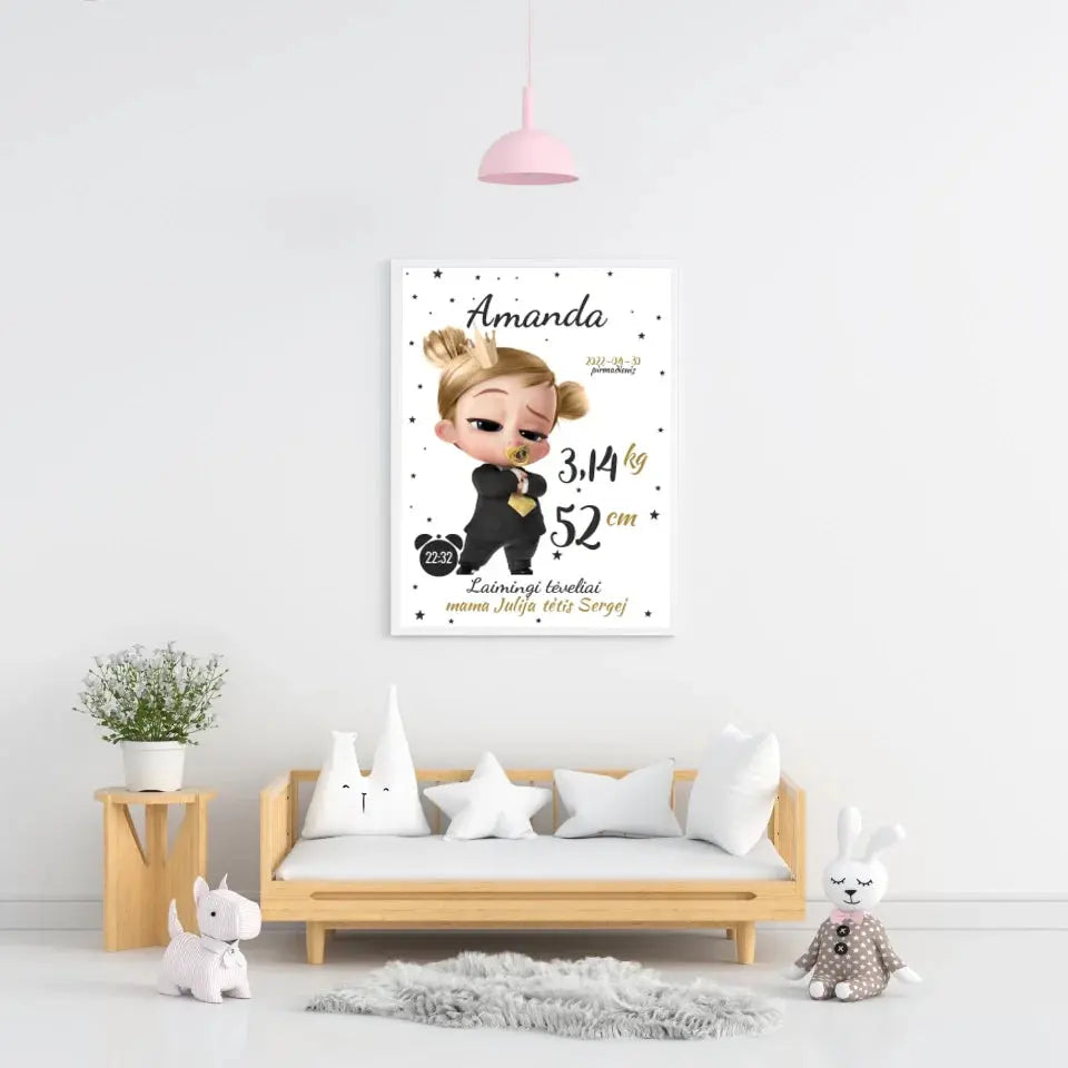 Personalizuota Mergaitės Gimimo Metrikų Iliustracija, plakatas su rėmeliu  Customizer -  dovanokis.lt