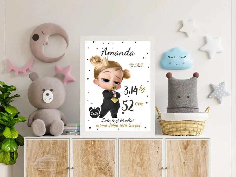 Personalizuota Mergaitės Gimimo Metrikų Iliustracija, plakatas su rėmeliu  Customizer -  dovanokis.lt