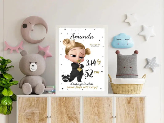 Personalizuota Mergaitės Gimimo Metrikų Iliustracija, plakatas su rėmeliu  Customizer -  dovanokis.lt