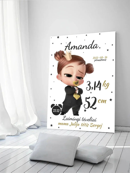 Personalizuota Mergaitės Gimimo Metrikų Iliustracija ant drobės  Drobe -  dovanokis.lt