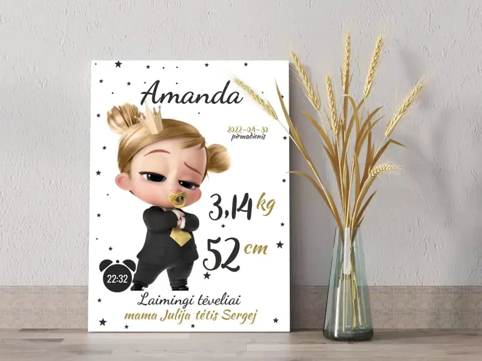 Personalizuota Mergaitės Gimimo Metrikų Iliustracija ant drobės  Drobe -  dovanokis.lt