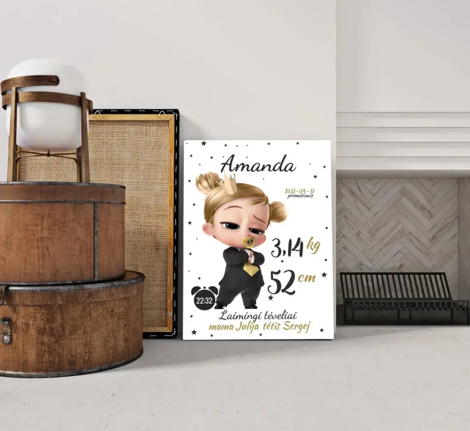 Personalizuota Mergaitės Gimimo Metrikų Iliustracija ant drobės  Drobe -  dovanokis.lt