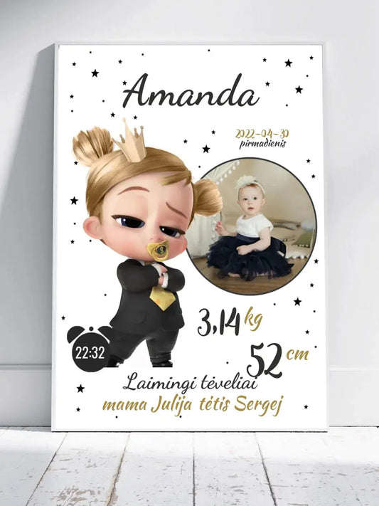 Personalizuota Mergaitės Gimimo Metrikų Iliustracija, plakatas su rėmeliu  Customizer -  dovanokis.lt