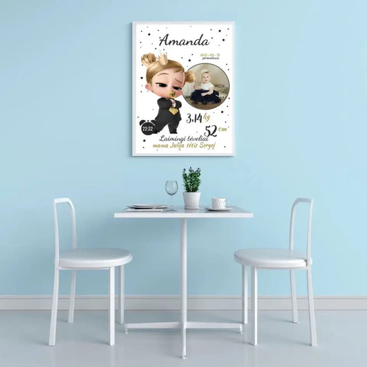 Personalizuota Mergaitės Gimimo Metrikų Iliustracija, plakatas su rėmeliu  Customizer -  dovanokis.lt