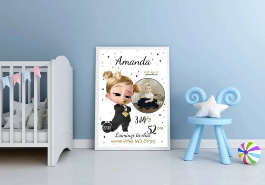 Personalizuota Mergaitės Gimimo Metrikų Iliustracija, plakatas su rėmeliu  Customizer -  dovanokis.lt