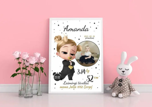 Personalizuota Mergaitės Gimimo Metrikų Iliustracija, plakatas su rėmeliu  Customizer -  dovanokis.lt