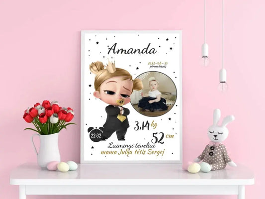 Personalizuota Mergaitės Gimimo Metrikų Iliustracija, plakatas su rėmeliu  Customizer -  dovanokis.lt