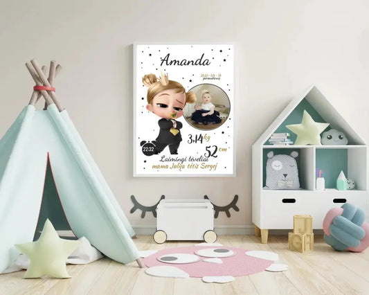 Personalizuota Mergaitės Gimimo Metrikų Iliustracija, plakatas su rėmeliu  Customizer -  dovanokis.lt