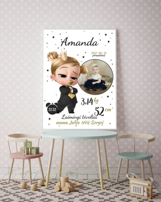 Personalizuota Mergaitės Gimimo Metrikų Iliustracija, plakatas su rėmeliu  Customizer -  dovanokis.lt