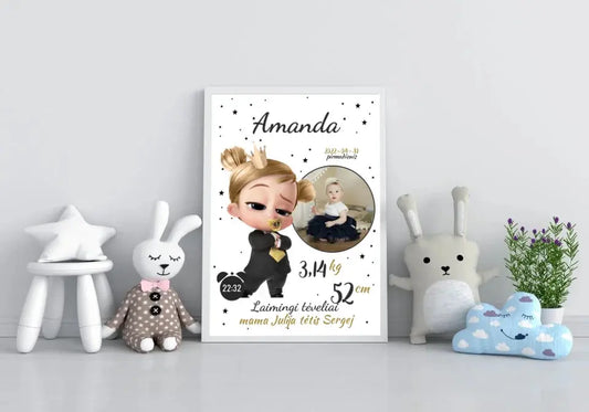 Personalizuota Mergaitės Gimimo Metrikų Iliustracija, plakatas su rėmeliu  Customizer -  dovanokis.lt