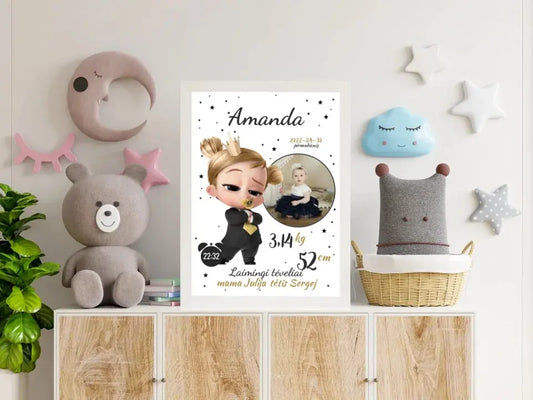 Personalizuota Mergaitės Gimimo Metrikų Iliustracija, plakatas su rėmeliu  Customizer -  dovanokis.lt