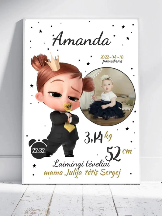 Personalizuota Mergaitės Gimimo Metrikų Iliustracija, plakatas su rėmeliu  Customizer -  dovanokis.lt