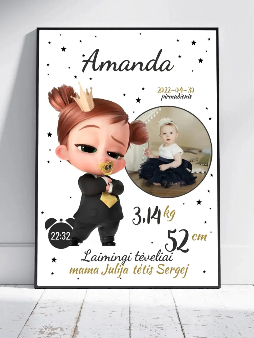 Personalizuota Mergaitės Gimimo Metrikų Iliustracija, plakatas su rėmeliu  Customizer -  dovanokis.lt