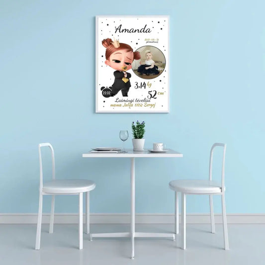 Personalizuota Mergaitės Gimimo Metrikų Iliustracija, plakatas su rėmeliu  Customizer -  dovanokis.lt