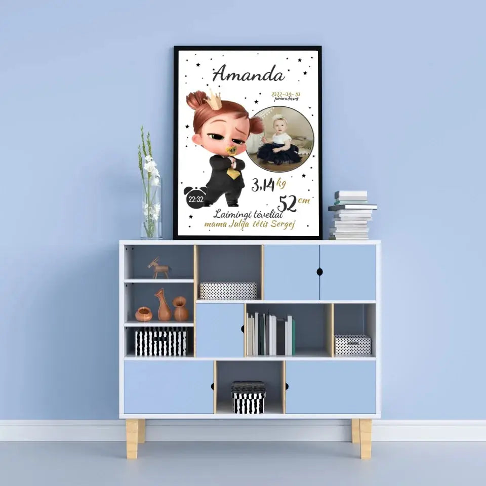 Personalizuota Mergaitės Gimimo Metrikų Iliustracija, plakatas su rėmeliu  Customizer -  dovanokis.lt