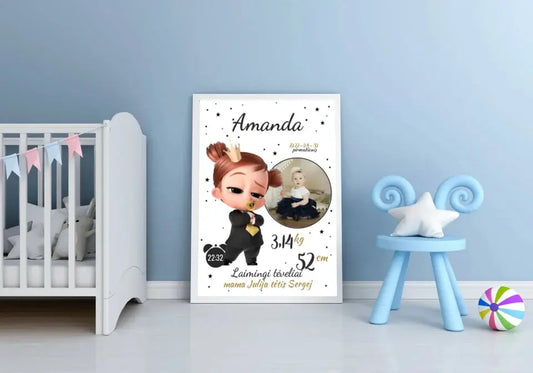 Personalizuota Mergaitės Gimimo Metrikų Iliustracija, plakatas su rėmeliu  Customizer -  dovanokis.lt